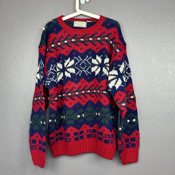 VTG American Eagle Shetland Wool Sweater Chunky Cabincore Gorp Snowflake Large - Picture 1 of 5